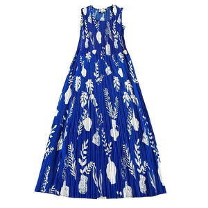 Leo & Ugo Royal Blue Bold Print Midi Dress Sleeveless Stretch Pleated Size Small